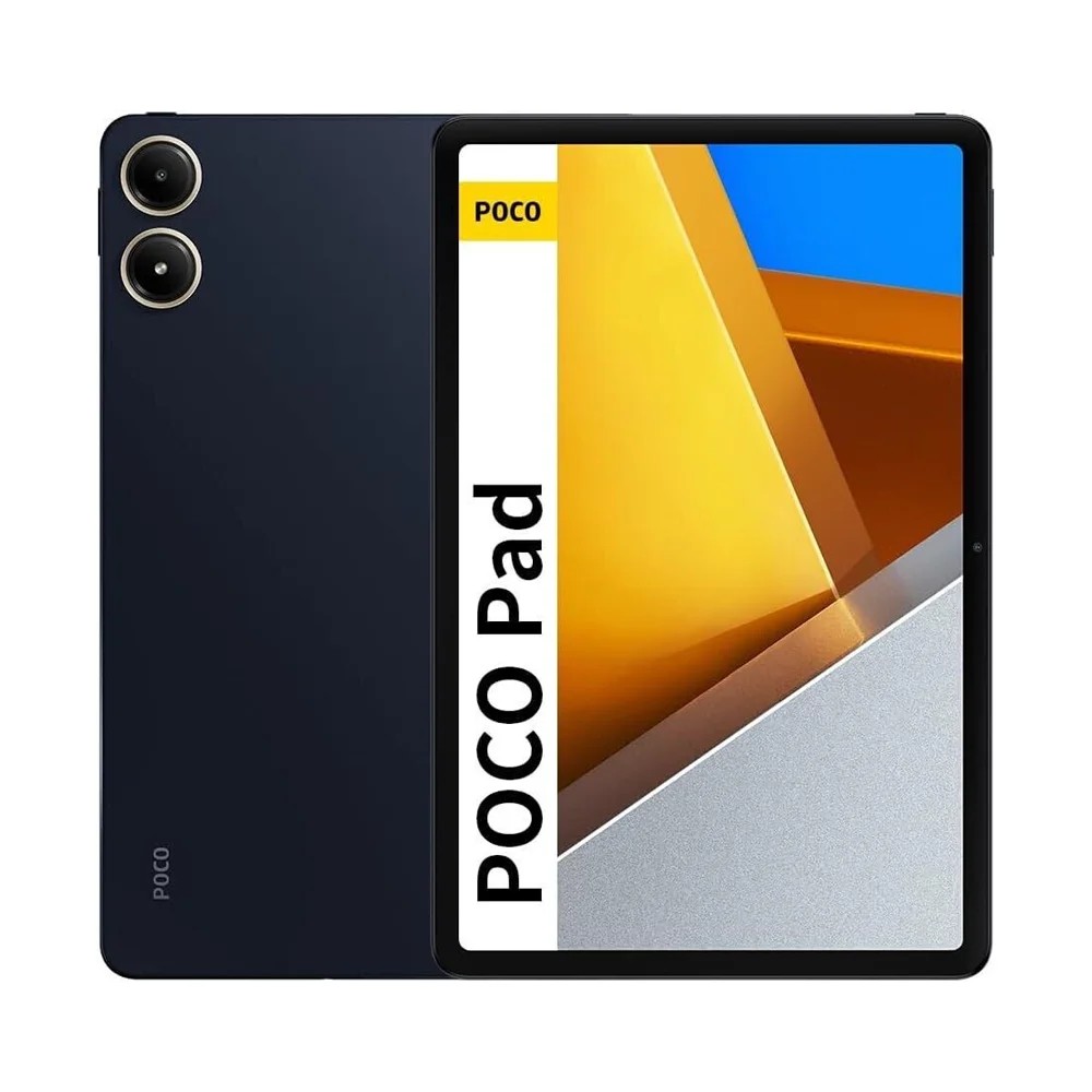 POCO Pad in dark blue with a sleek design, featuring a 12.1-inch 120Hz 2.5K display, Snapdragon 7s Gen 2 processor, and dual rear cameras.