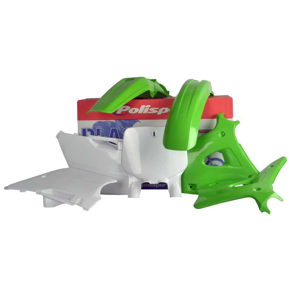Green and white plastic bodywork kit for Kawasaki KX 125/250 (1994-98), featuring fenders, side panels, and a front number plate, packaged in a red Polisport box.