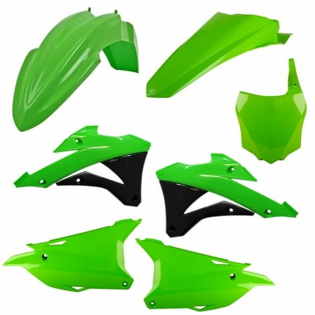 Bright green plastic kit for Kawasaki KX85 (2014-2021) and KX112 (2021-2025), featuring fenders, side panels, and a front number plate with black accents.