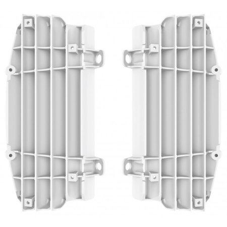 White plastic radiator louvres designed for KTM SX/SXF and Husqvarna TC/FC 2016-18, EXC/EXC-F/TE/FE 2017-18, featuring a ribbed texture and multiple mounting points.