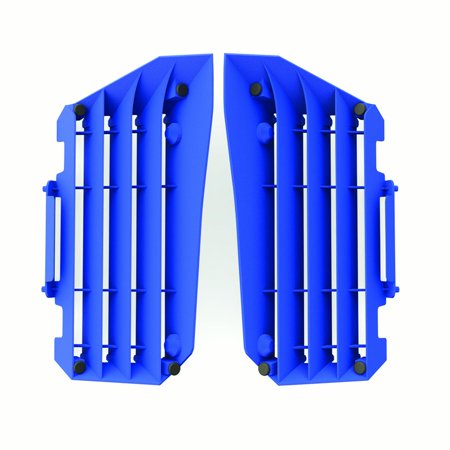 Blue plastic radiator louvres designed for Yamaha YZF250 models from 2010 to 2013, featuring multiple vertical slats and mounting points for easy installation.