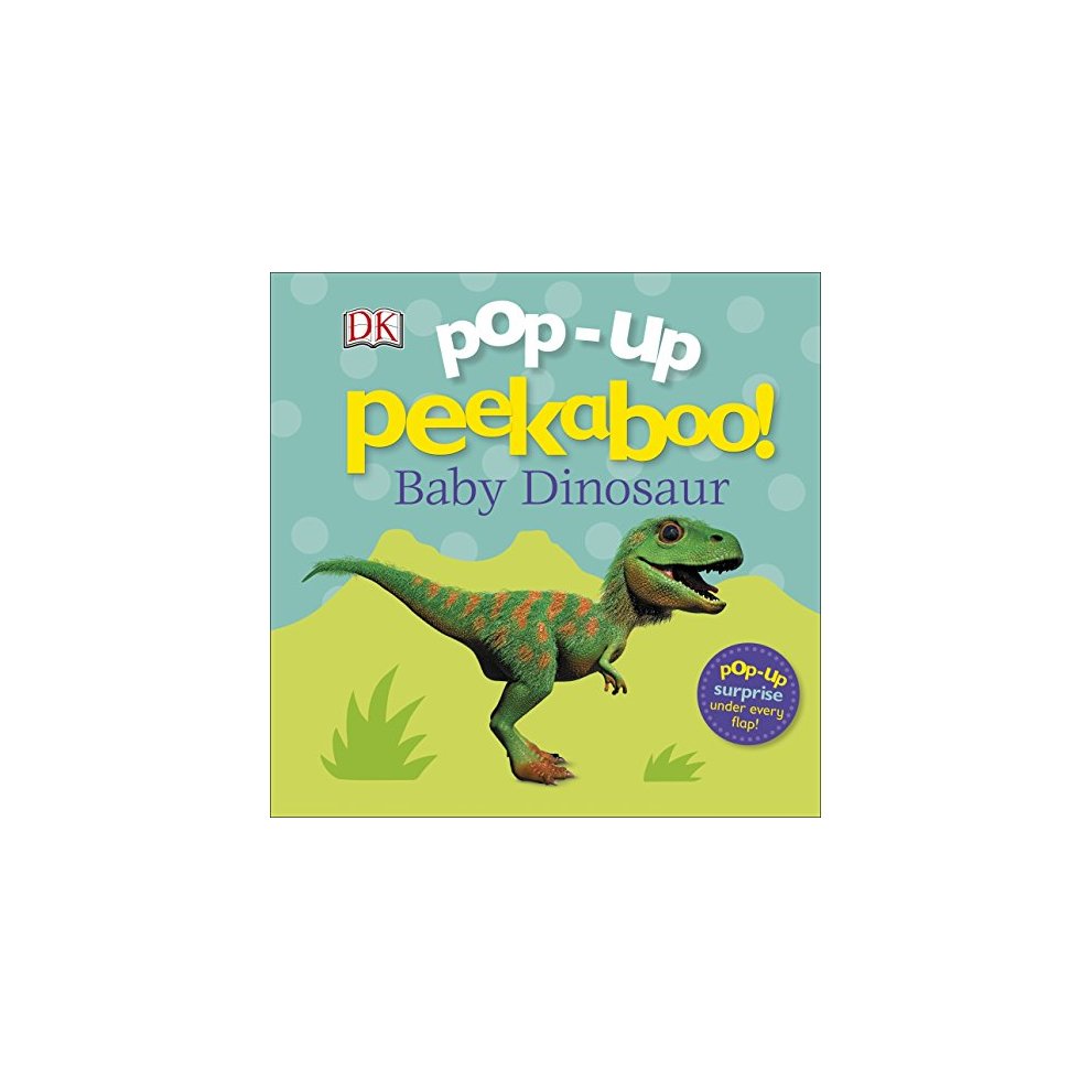 Colorful children's book featuring a playful baby dinosaur on the cover, with a green background and pop-up surprise elements indicated by bright text.