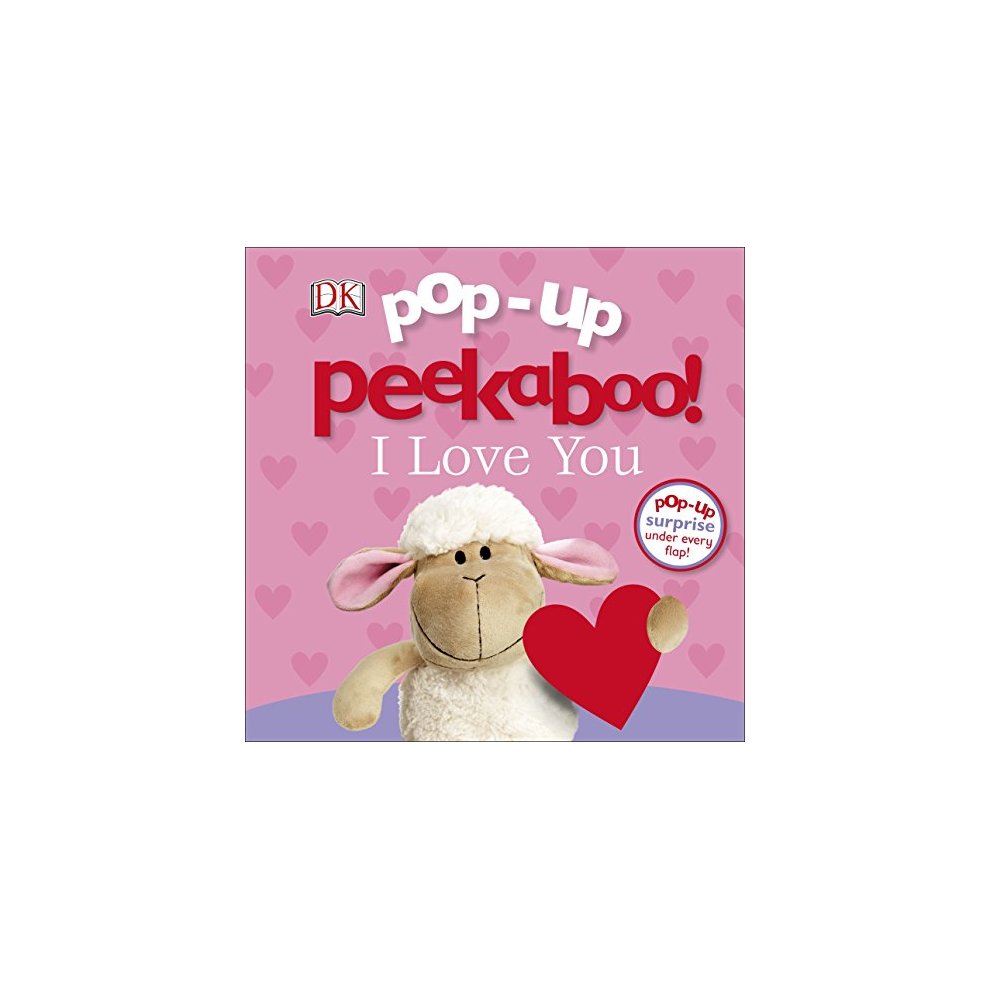 Colorful children's book featuring a sheep character with a heart, set against a pink background with hearts, highlighting the title "Pop-up Peekaboo! I Love You."