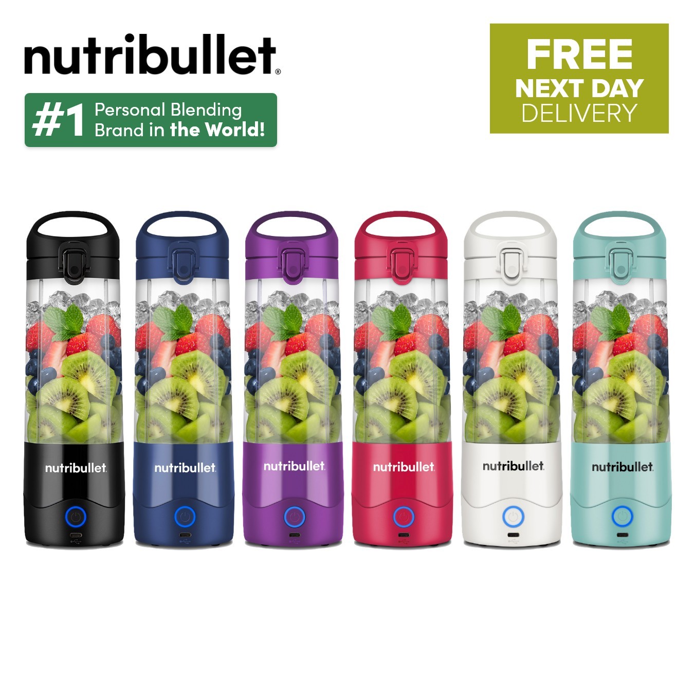 Portable Nutribullet blender in black, featuring a clear blending jar filled with fruits, with a sleek design and blue power button, alongside other colored models in purple, red, and teal.
