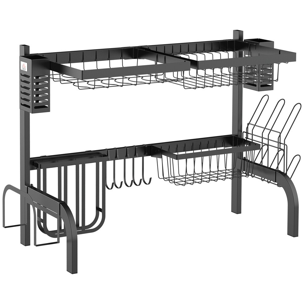 Black metal 2-tier dish rack with over-the-sink design, featuring wire baskets, hooks for utensils, and a sturdy frame for efficient kitchen drying.