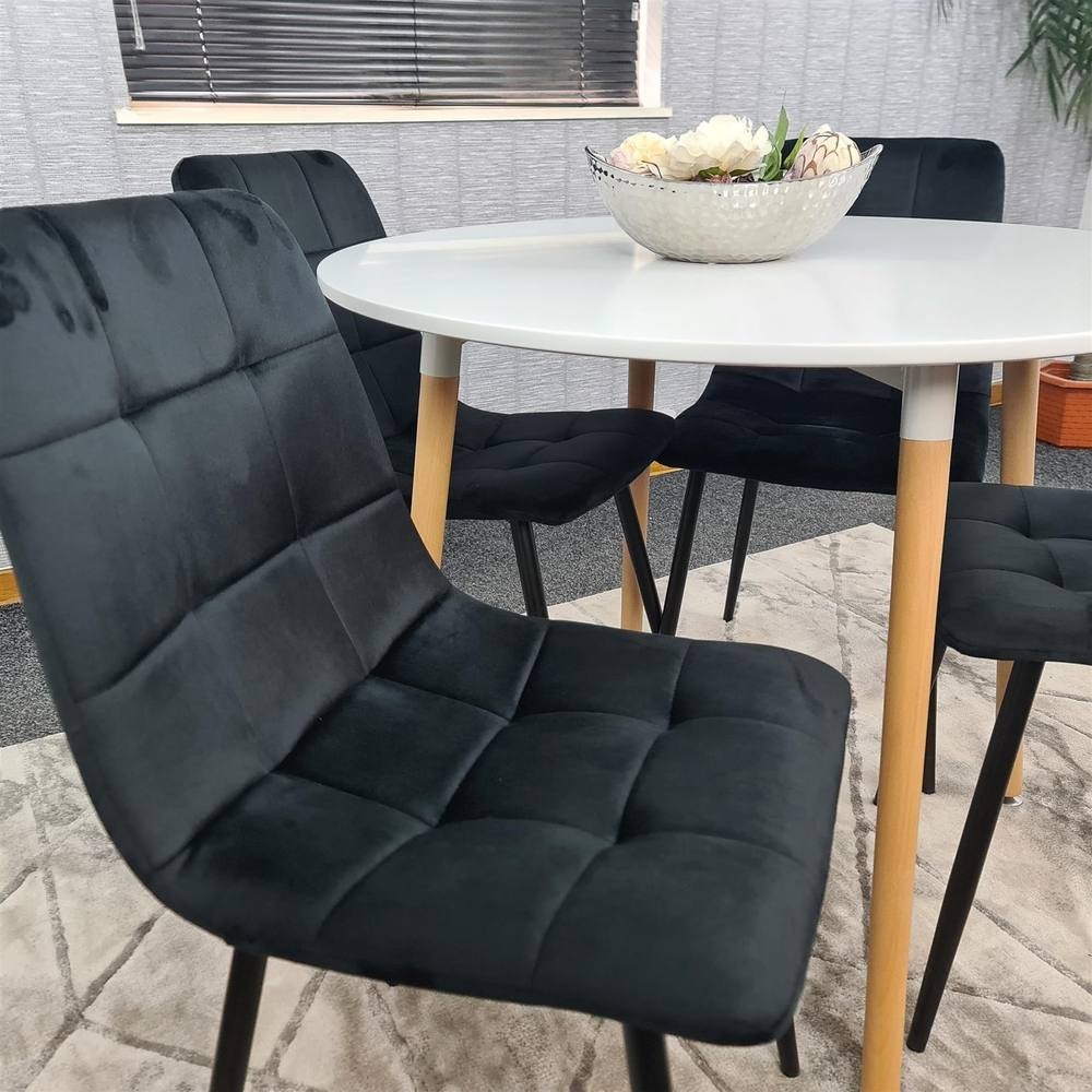 Portland 4 Seater Round Wood Velvet Dining Set White and Black - image 2