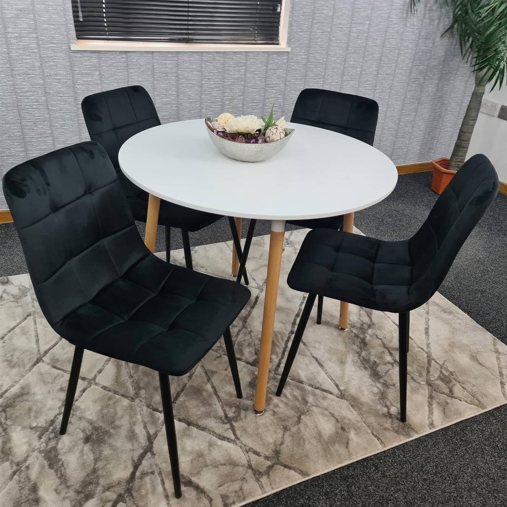 Portland 4 Seater Round Wood Velvet Dining Set White and Black - image 3