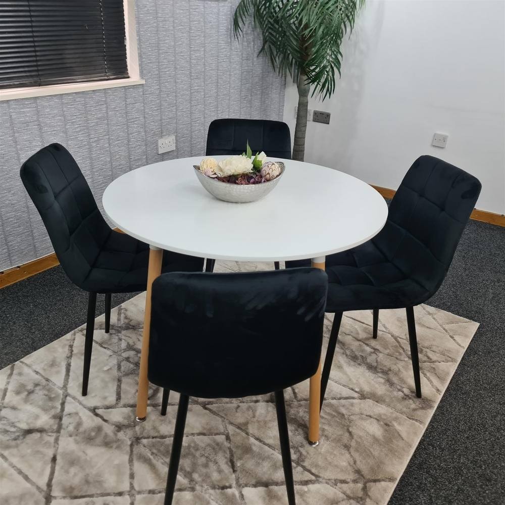 Portland 4 Seater Round Wood Velvet Dining Set White and Black - image 4