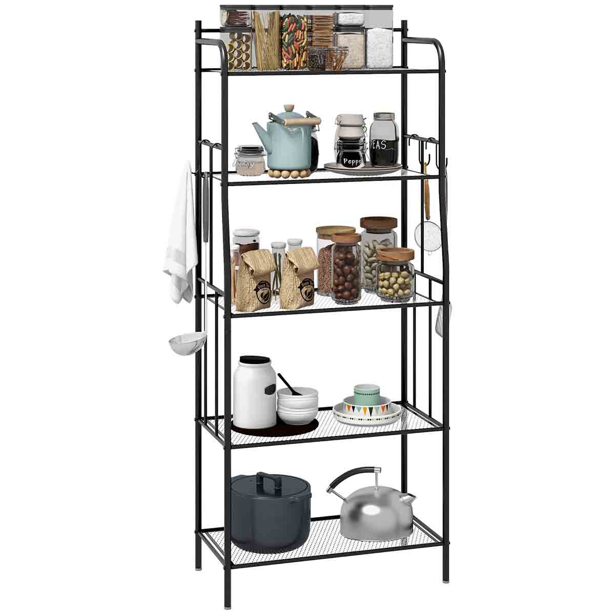 Black metal 5-tier microwave stand with storage shelves, featuring four hooks, glass jars, a kettle, and a coffee pot, ideal for kitchen or coffee bar use.