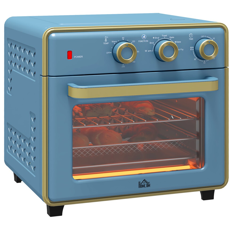 Blue HOMCOM 20L mini oven with adjustable temperature, 60-minute timer, and 1400W power, featuring a glass door, metal knobs, and a stylish retro design.