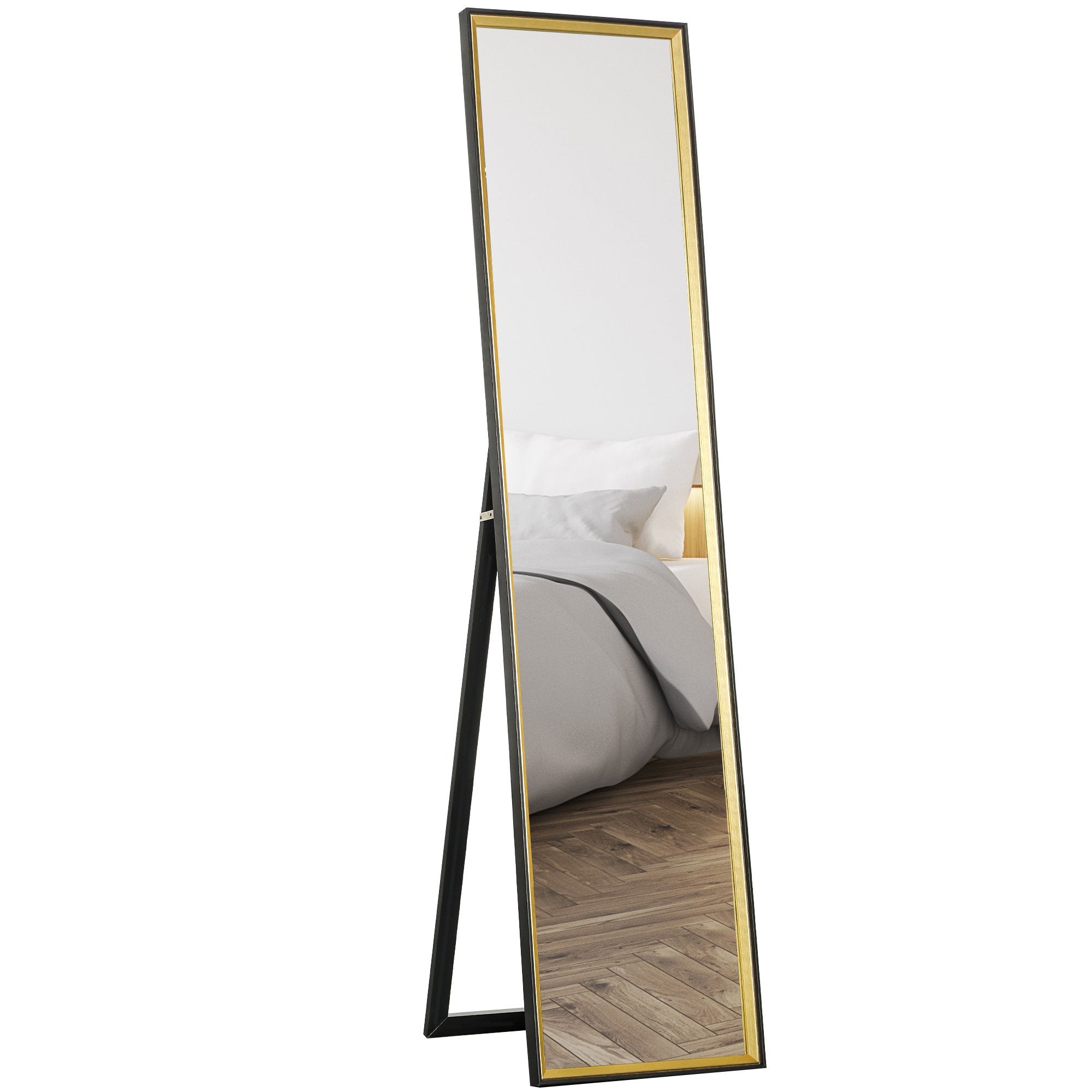 Full-length black mirror with a gold trim, designed for wall mounting or leaning, featuring a sleek, modern frame and a sturdy stand, set against a light-colored room.