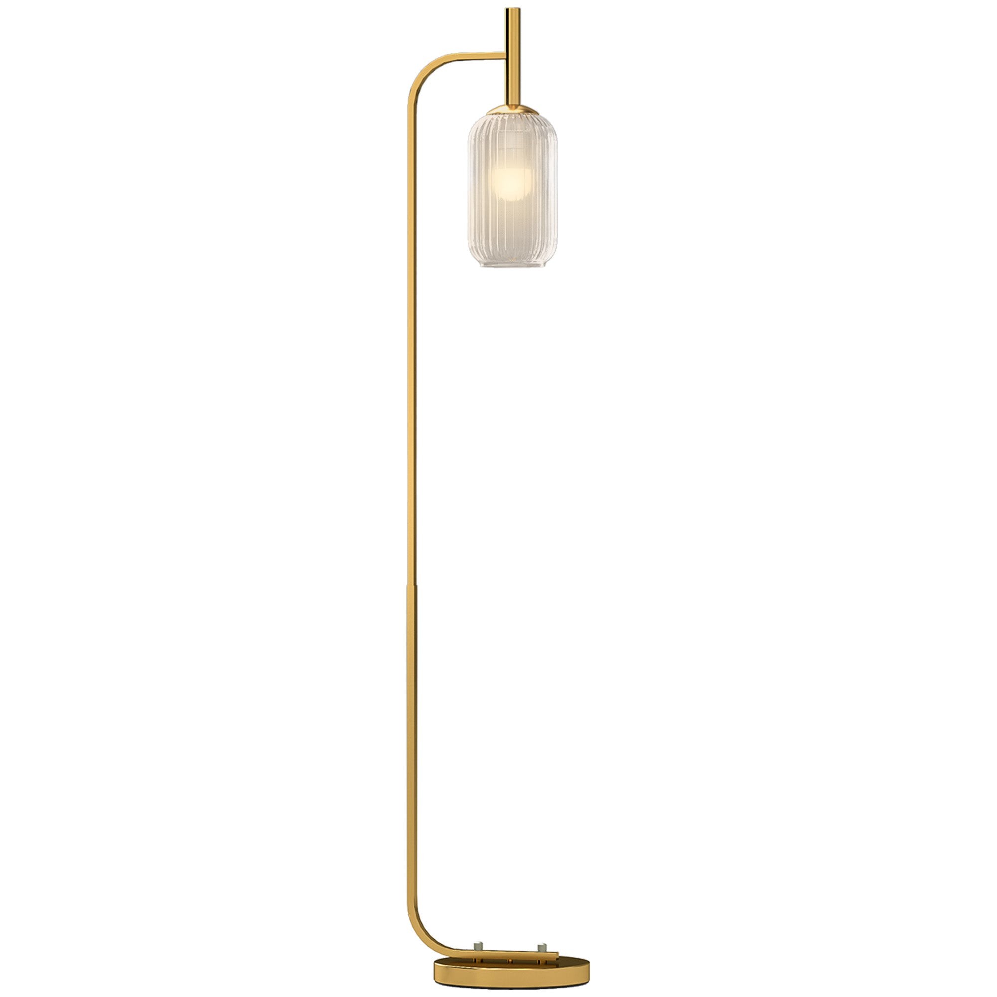 Modern gold floor lamp featuring a sleek metal frame, a clear ribbed glass shade, and a convenient foot switch, perfect for enhancing living room decor.