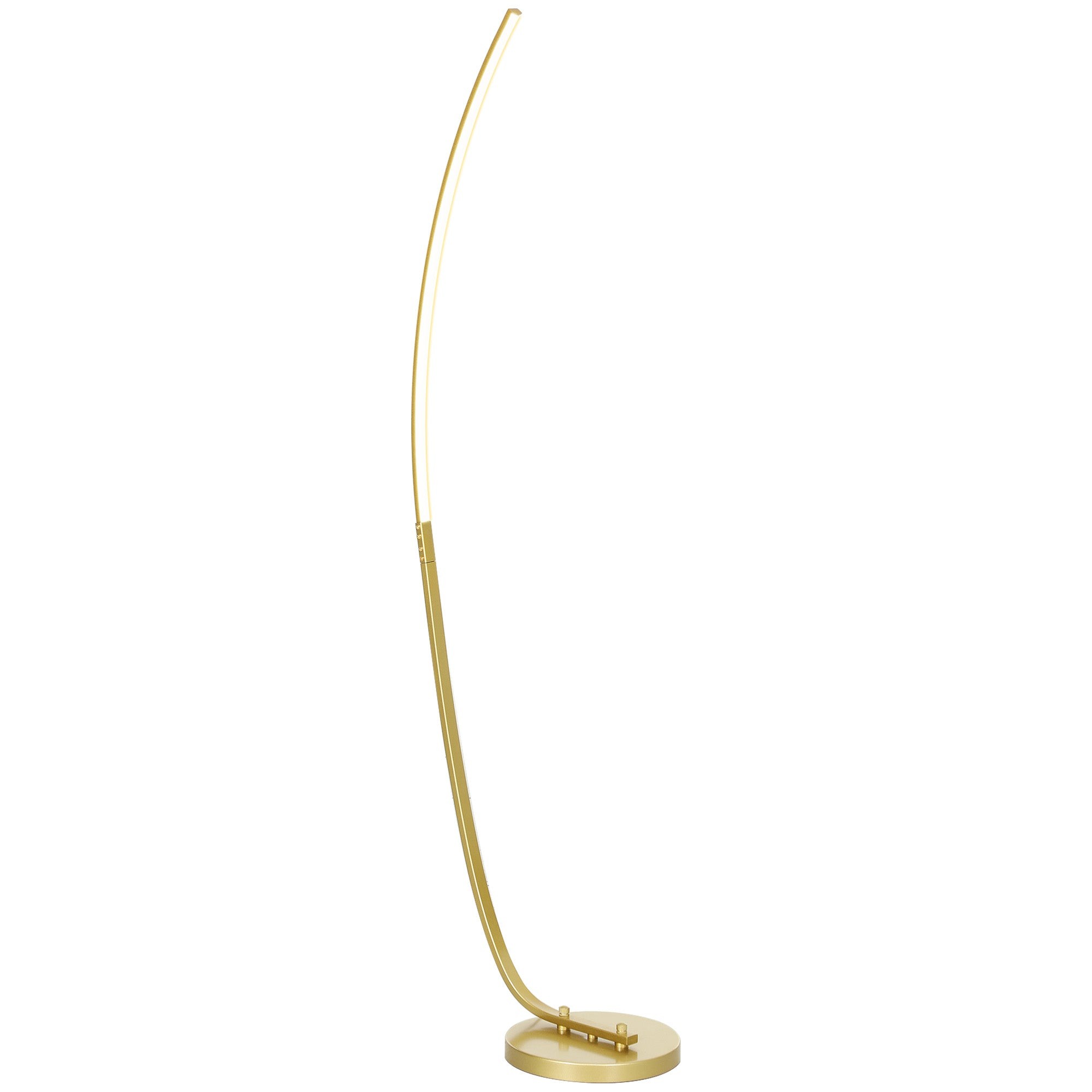 Gold-tone standing lamp with a sleek, curved design and a round base, featuring an integrated LED strip for modern lighting in a living room setting.