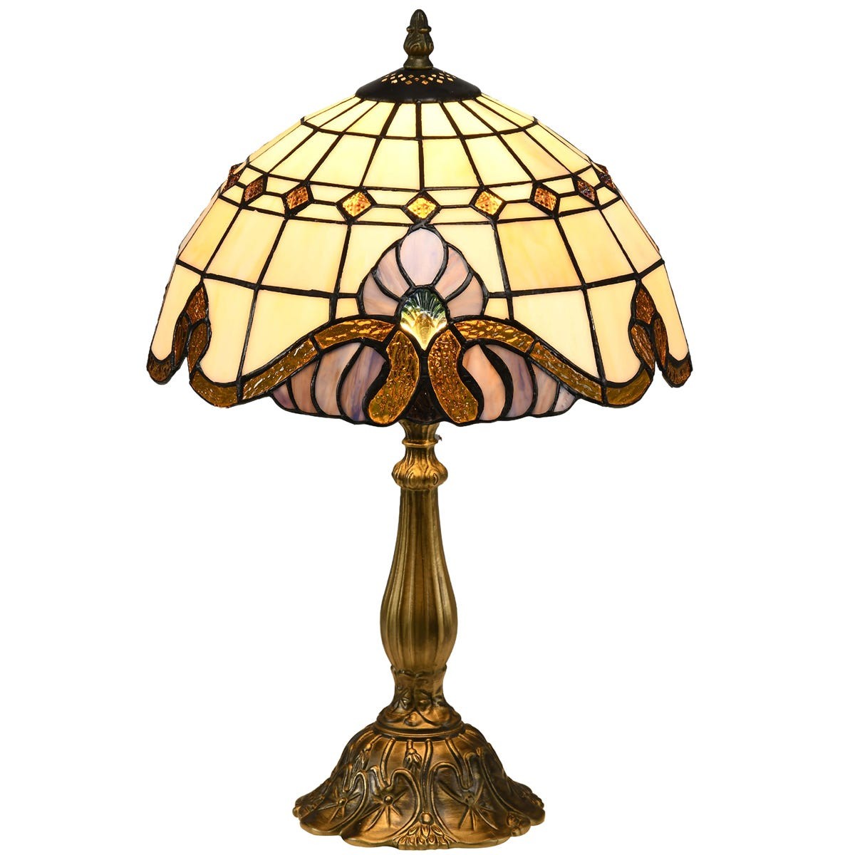 Decorative table lamp with a stained glass shade featuring intricate floral patterns in cream, pink, and gold, supported by an ornate brass base. Bulb not included.