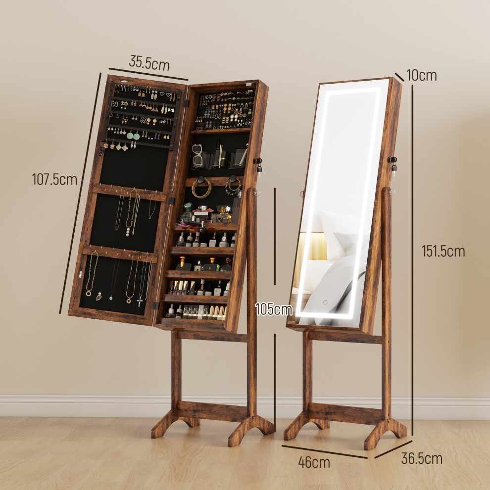 Portland Rustic Brown Lockable Mirror Jewellery Cabinet with LED Light - image 2