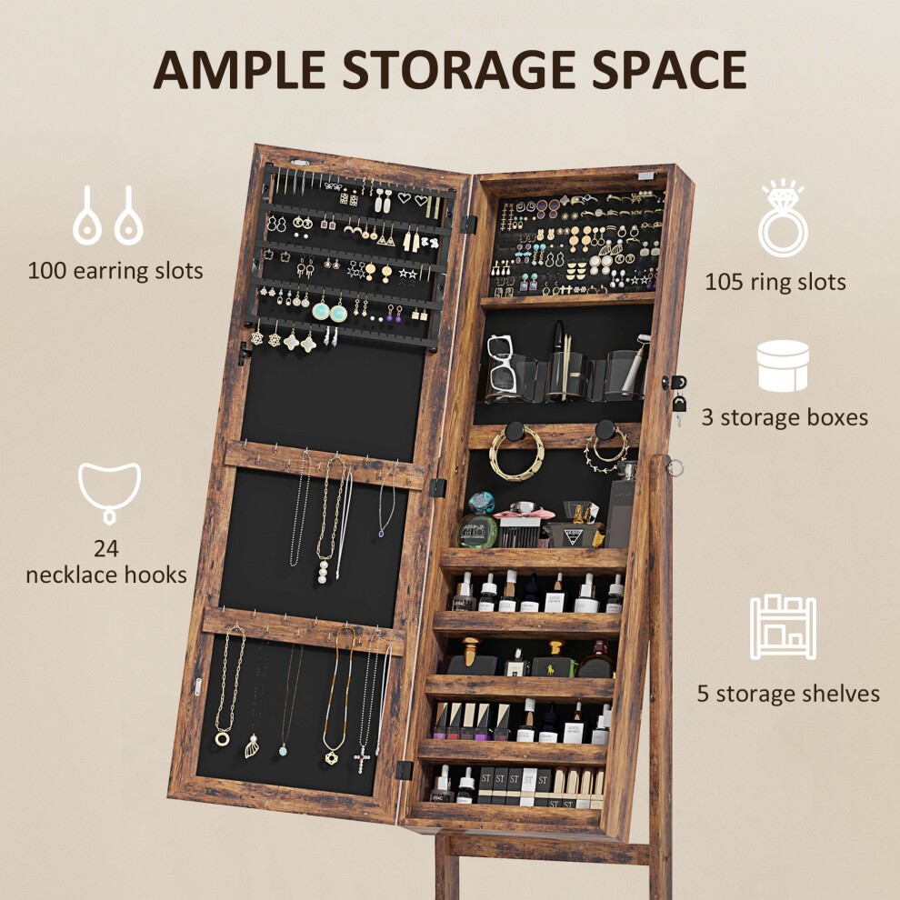 Portland Rustic Brown Lockable Mirror Jewellery Cabinet with LED Light - image 3
