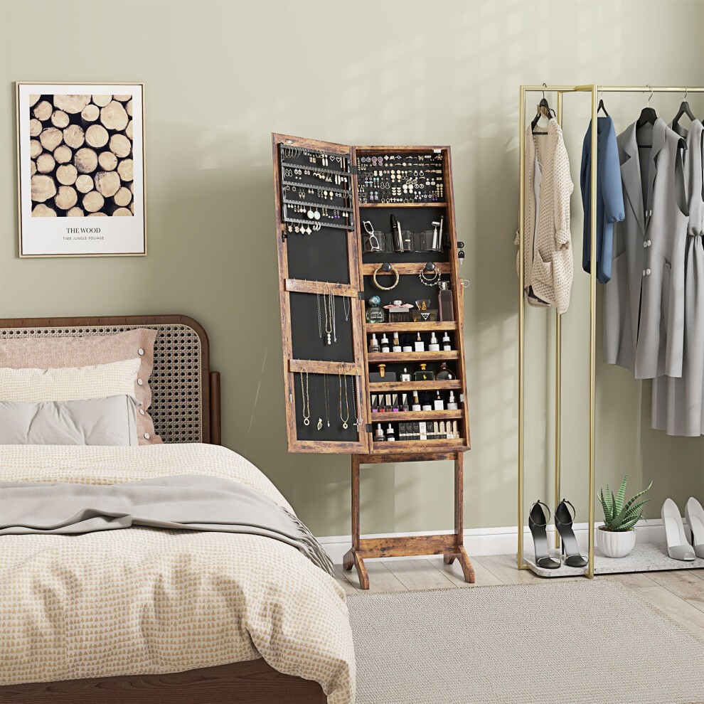 Rustic brown mirrored jewellery cabinet with LED light, featuring multiple compartments for storage, lockable design, and a stylish, modern aesthetic in a cozy bedroom setting.