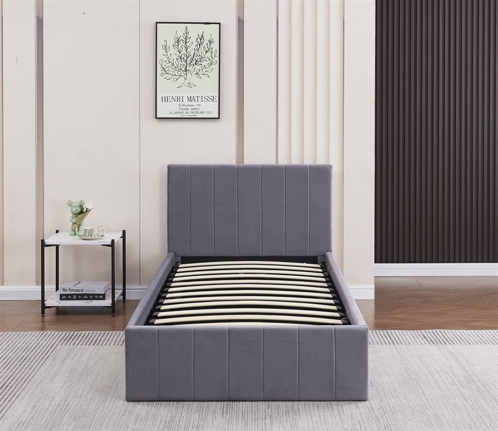 Portland Single Grey Line Pattern Velvet Ottoman Bed - image 2