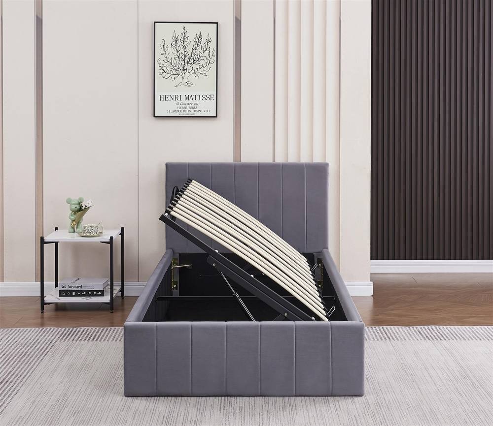 Portland Single Grey Line Pattern Velvet Ottoman Bed - image 3