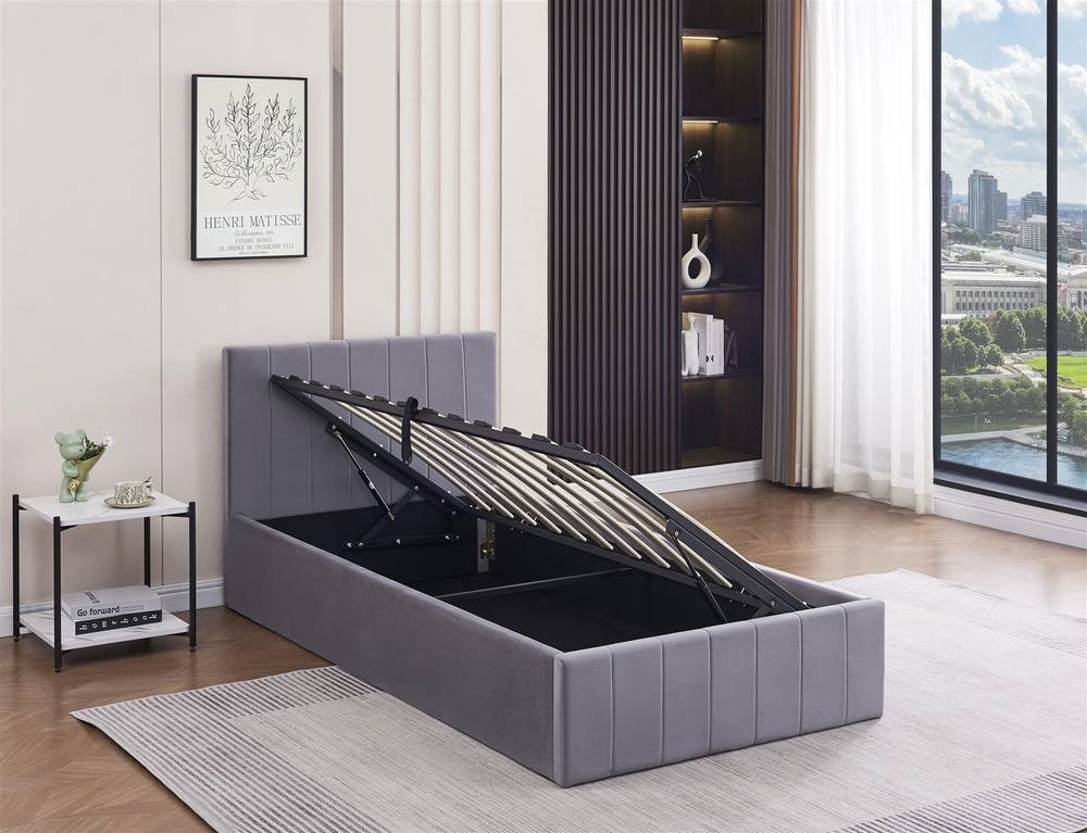 Portland Single Grey Line Pattern Velvet Ottoman Bed - image 4