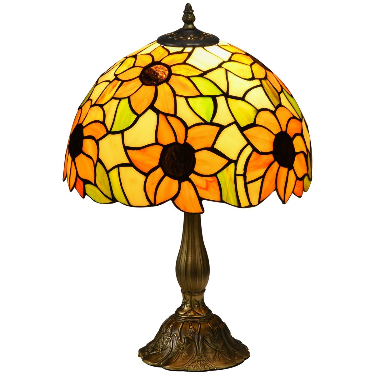 Handmade stained glass table lamp featuring a vibrant orange and yellow sunflower design, with a decorative metal base and intricate detailing, perfect for bedside use.