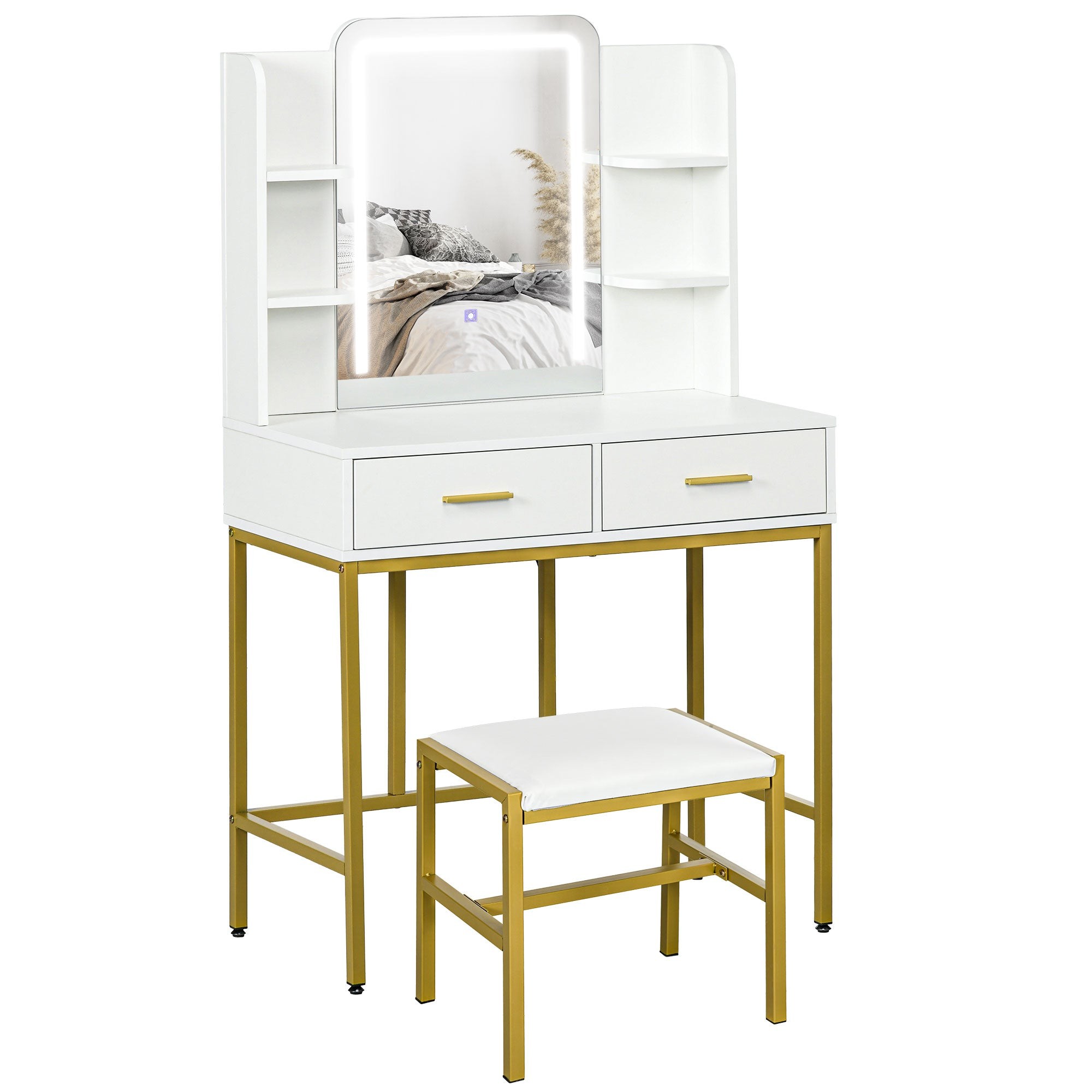 White HOMCOM makeup vanity desk set featuring a lighting mirror, two drawers, gold metal legs, and a matching stool with a cushioned seat.