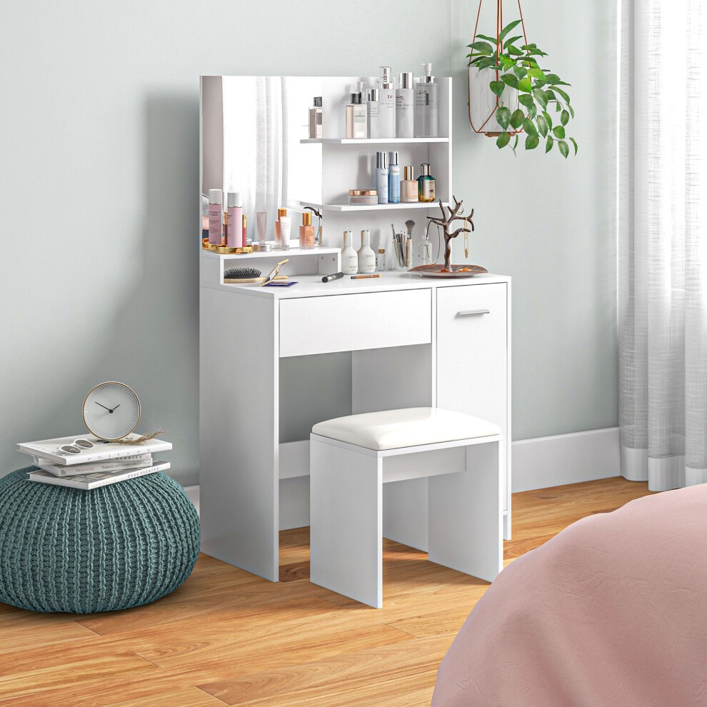 Portland White Single Drawer Single Door 3 Shelf Dressing Table Set with Mirror - image 2