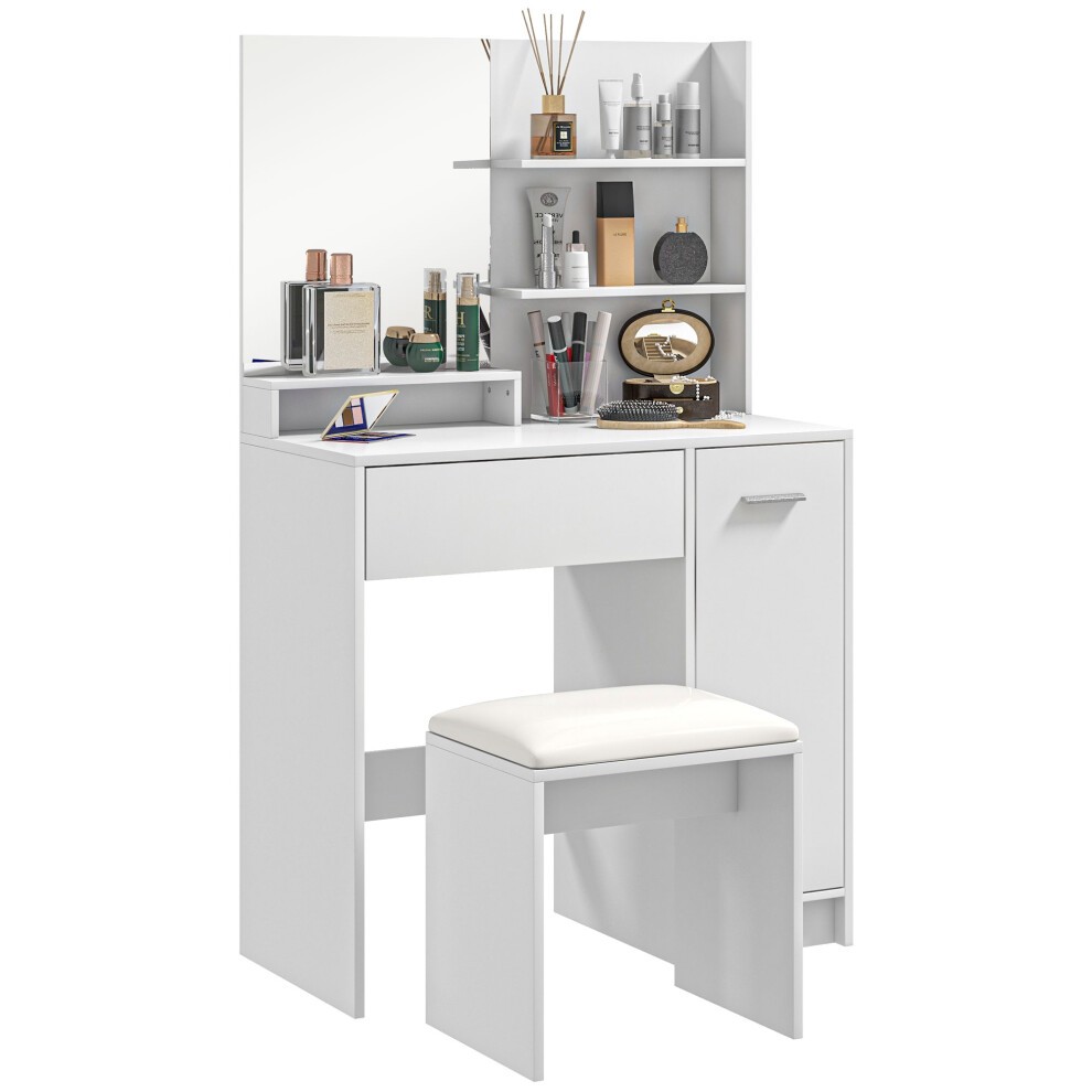 White modern vanity table with a large mirror, side shelves for storage, a central drawer, and a cushioned stool, all featuring a sleek, minimalist design.