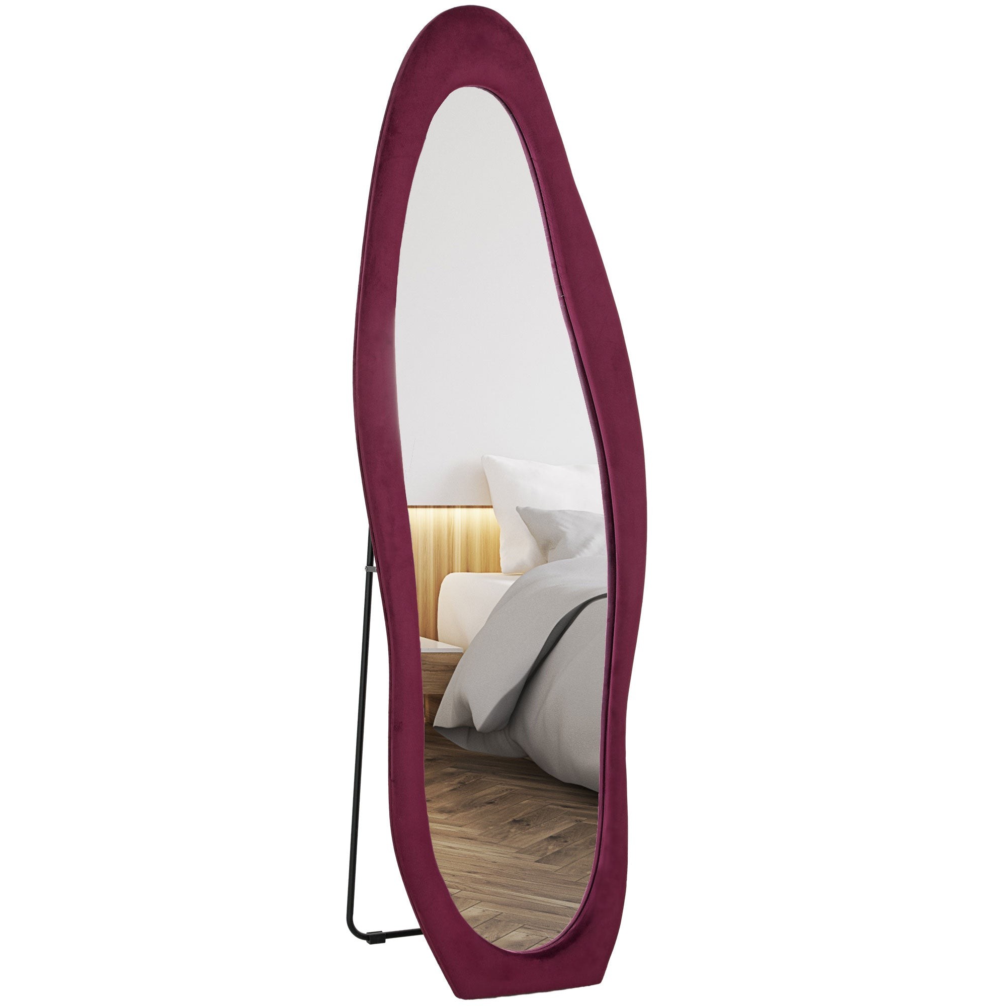 Irregular full-length mirror with a wine red velvet frame, measuring 160 x 50cm, featuring a sleek design and a sturdy black stand, set against a neutral bedroom backdrop.