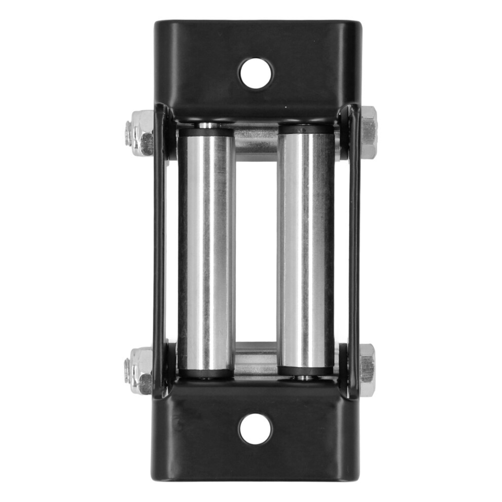 Black steel winch roller fairlead with two shiny silver rollers, featuring four mounting holes for secure installation, designed to guide and protect cable during operation.