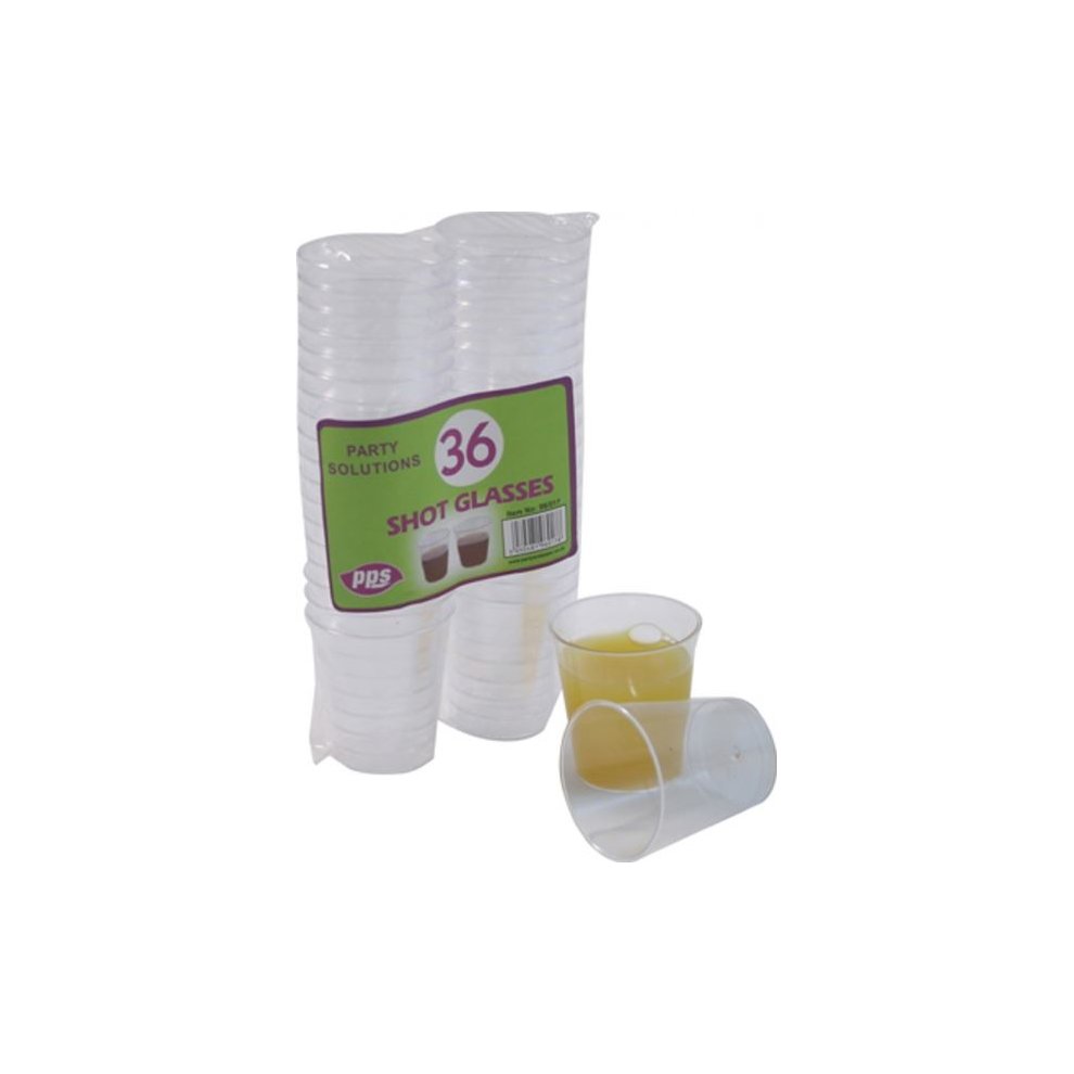 Clear plastic shot glasses, 1 oz each, packaged in a stack of 36, with a label indicating "Party Solutions," featuring one glass filled with yellow liquid.