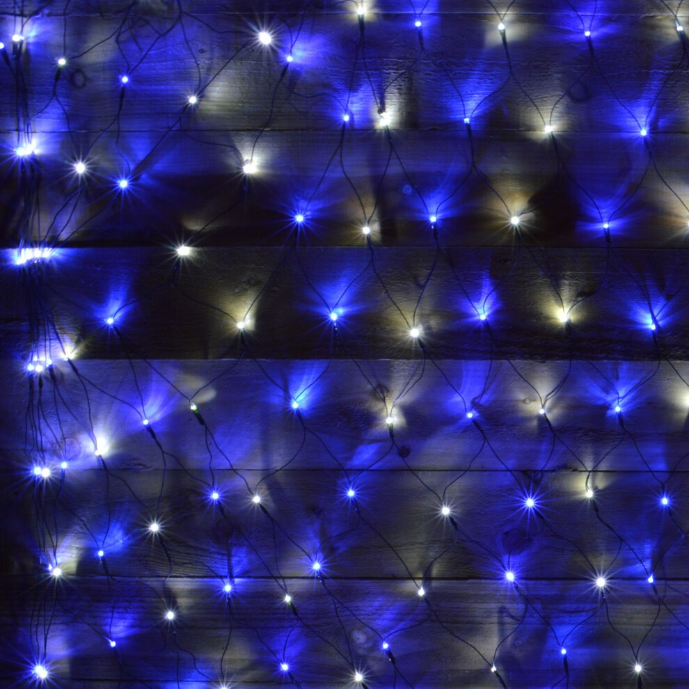360 LED Christmas net lights in blue and white, measuring 3.5m x 1.2m, featuring a multi-action design with a mesh-like structure for easy hanging.