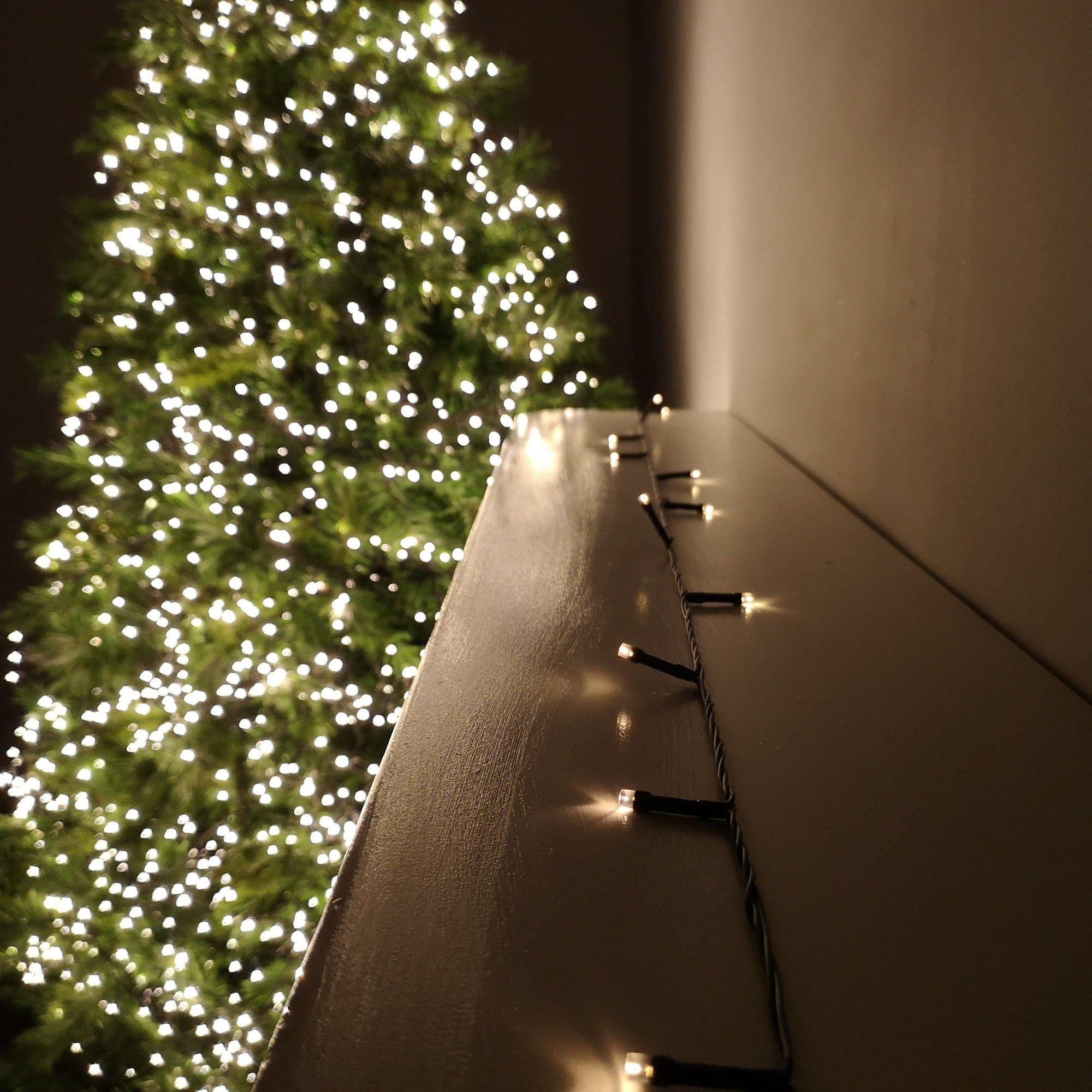 Warm white LED string lights on a black wire, showcasing multiple functions and a timer, with a blurred green Christmas tree illuminated in the background.