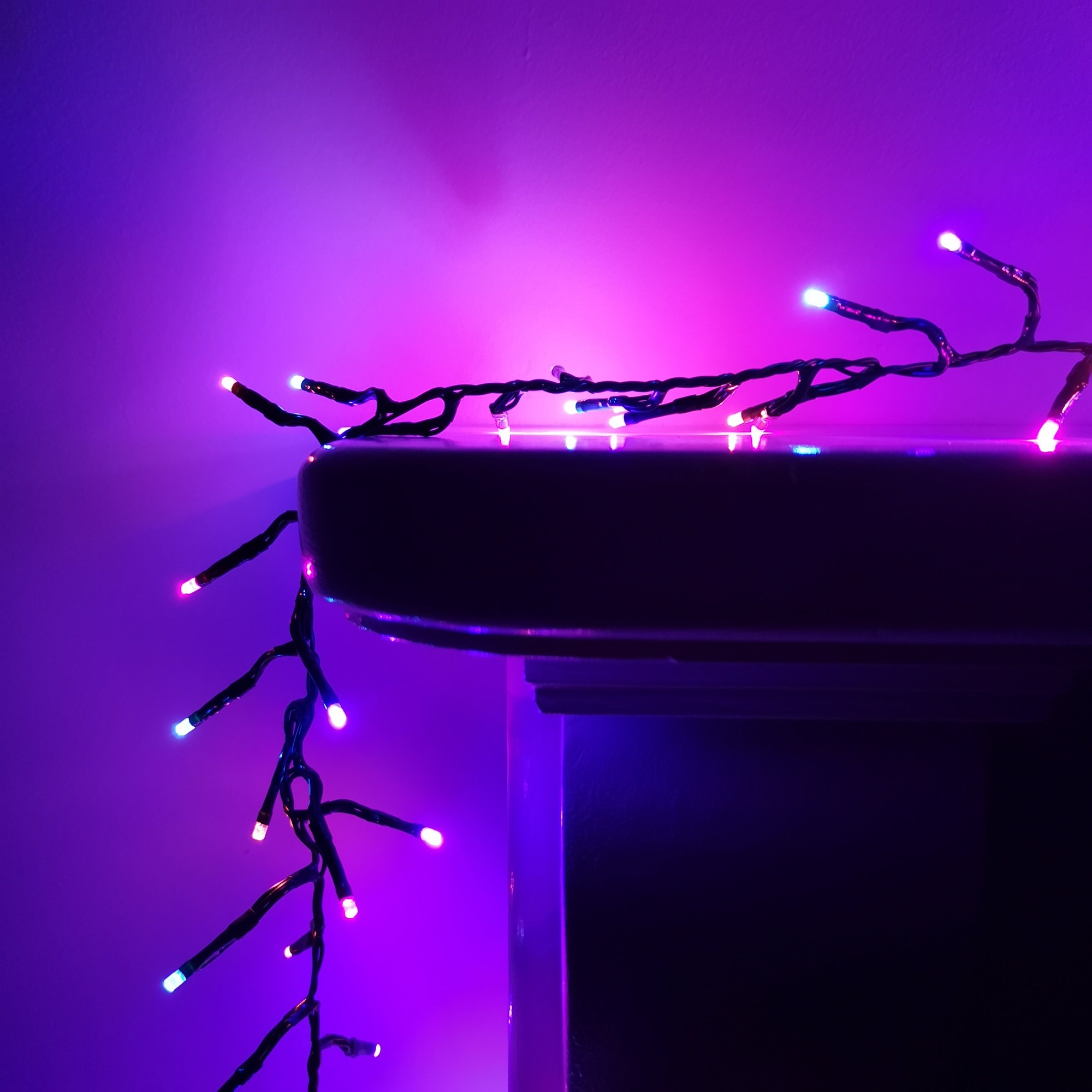 Multicolored LED cluster lights with a black wire, featuring bright pink, blue, and purple bulbs, designed for indoor and outdoor use, with a timer function.