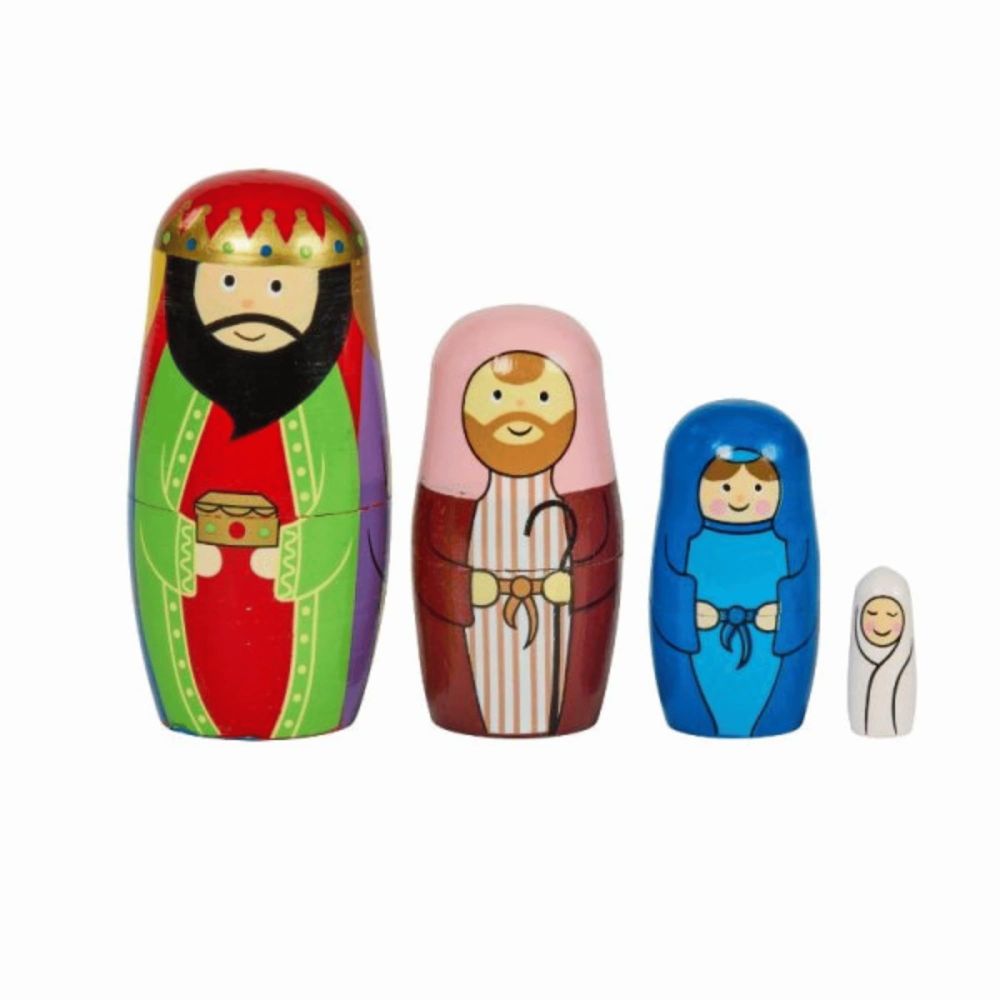 Hand-painted wooden nativity figurines set featuring a king in red and green, a shepherd in pink, a blue-robed Mary, and a small white baby Jesus, all with cheerful expressions.