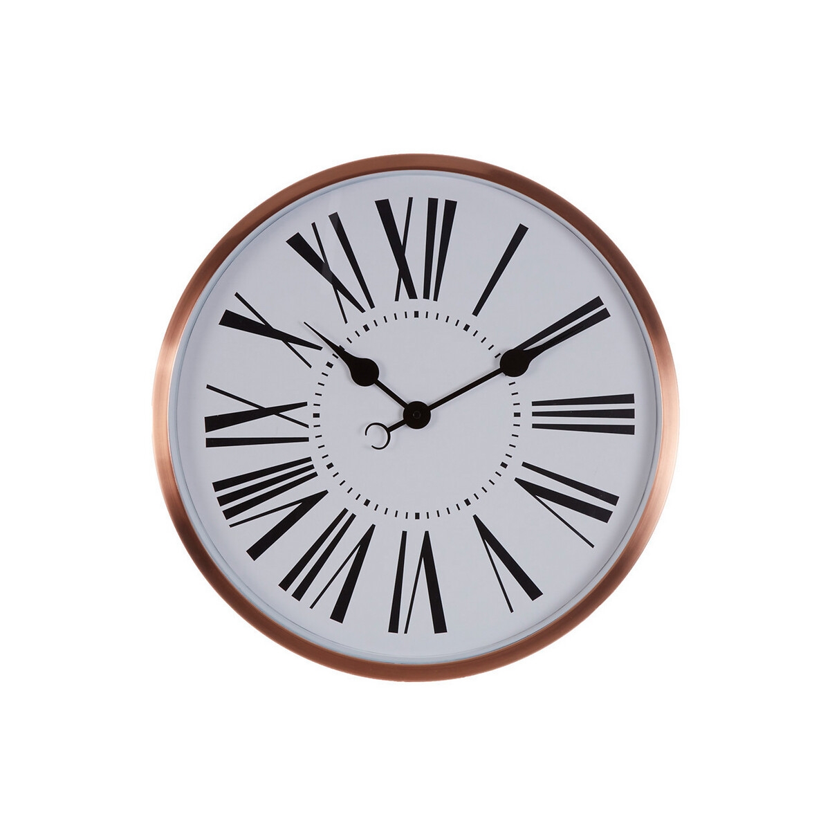 Rose gold wall clock featuring a white face with bold black Roman numerals, black hour and minute hands, and a minimalist design, perfect for modern decor.