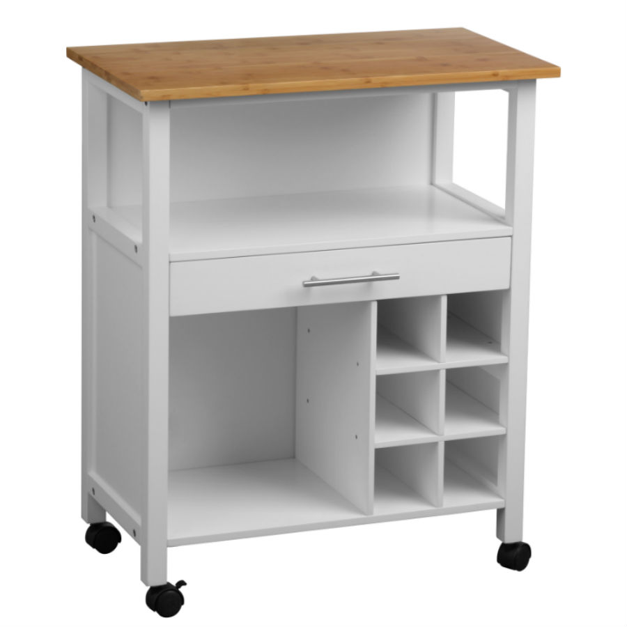 White wooden storage unit with a bamboo top, featuring one drawer, open shelf, and six cubby compartments, mounted on wheels for easy mobility.