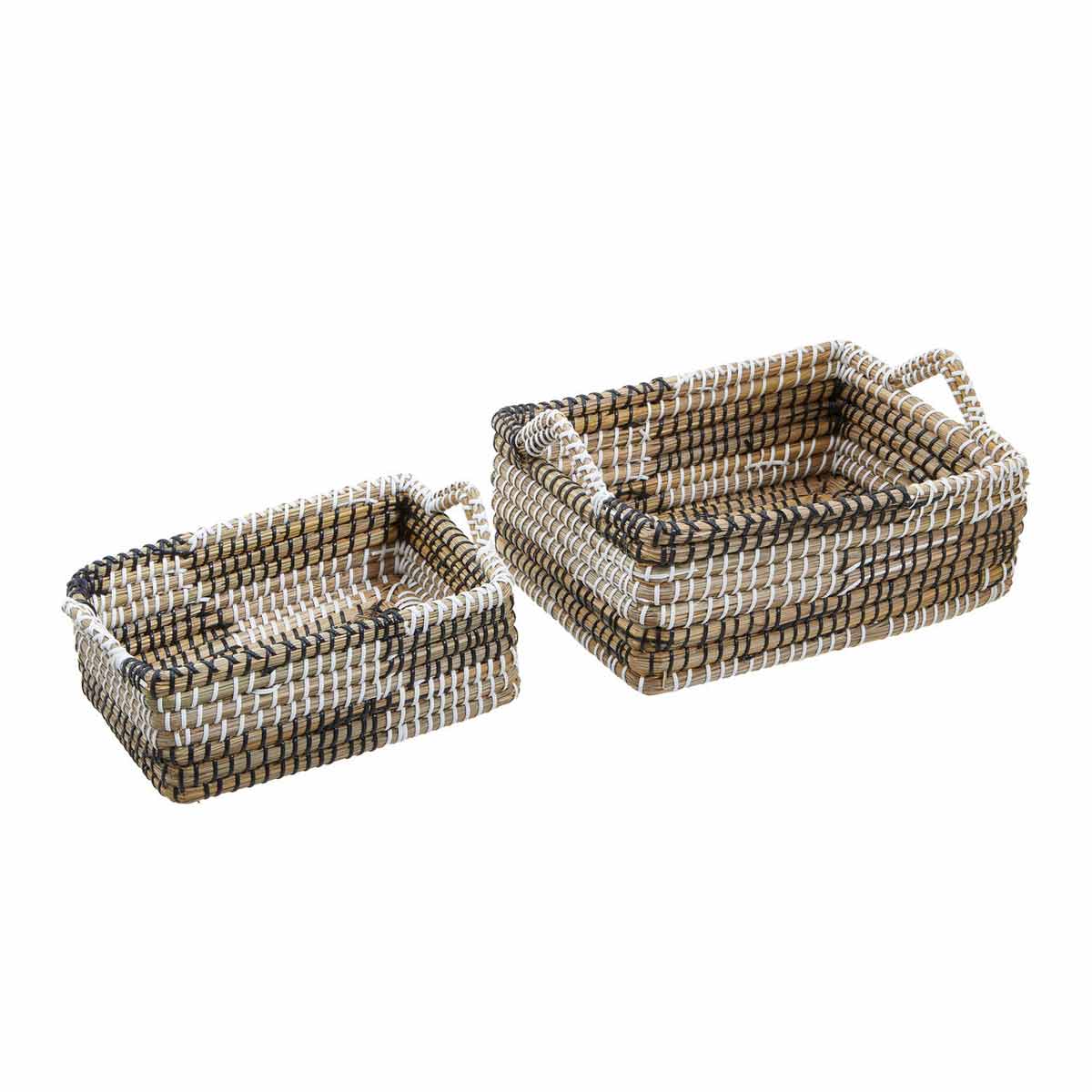 Set of two rectangular straw baskets in natural and black tones, featuring woven handles and a textured design, perfect for storage or decorative use.