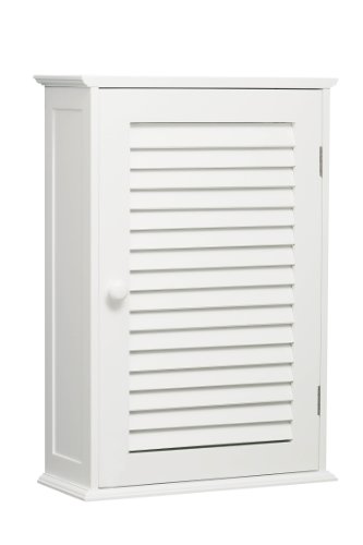 White wooden wall cabinet featuring a slatted shutter door, a round knob, and a clean, modern design suitable for various home decor styles.