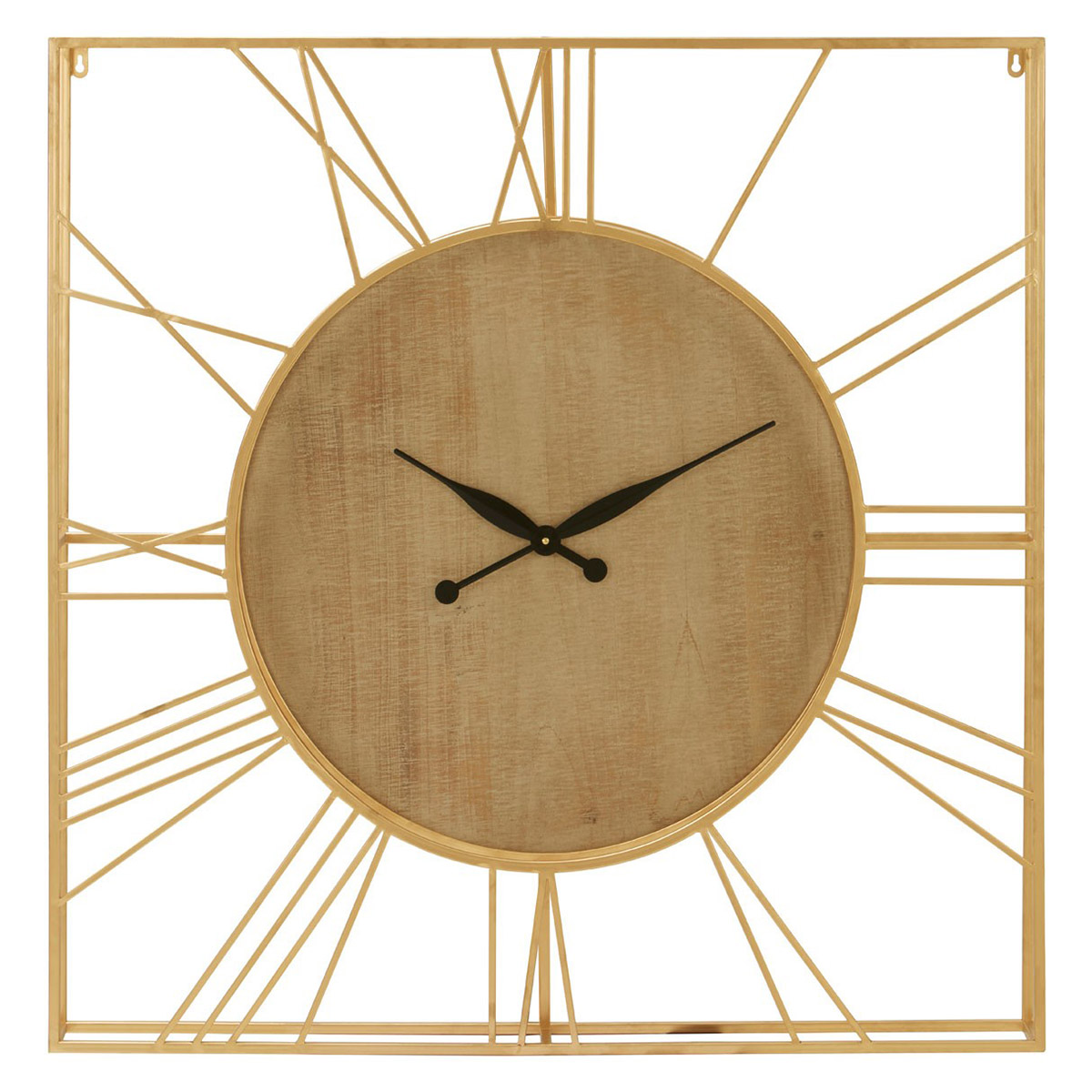 Gold metal wall clock with a wooden center, featuring a sunburst design and black hour and minute hands, adding a modern touch to any decor.