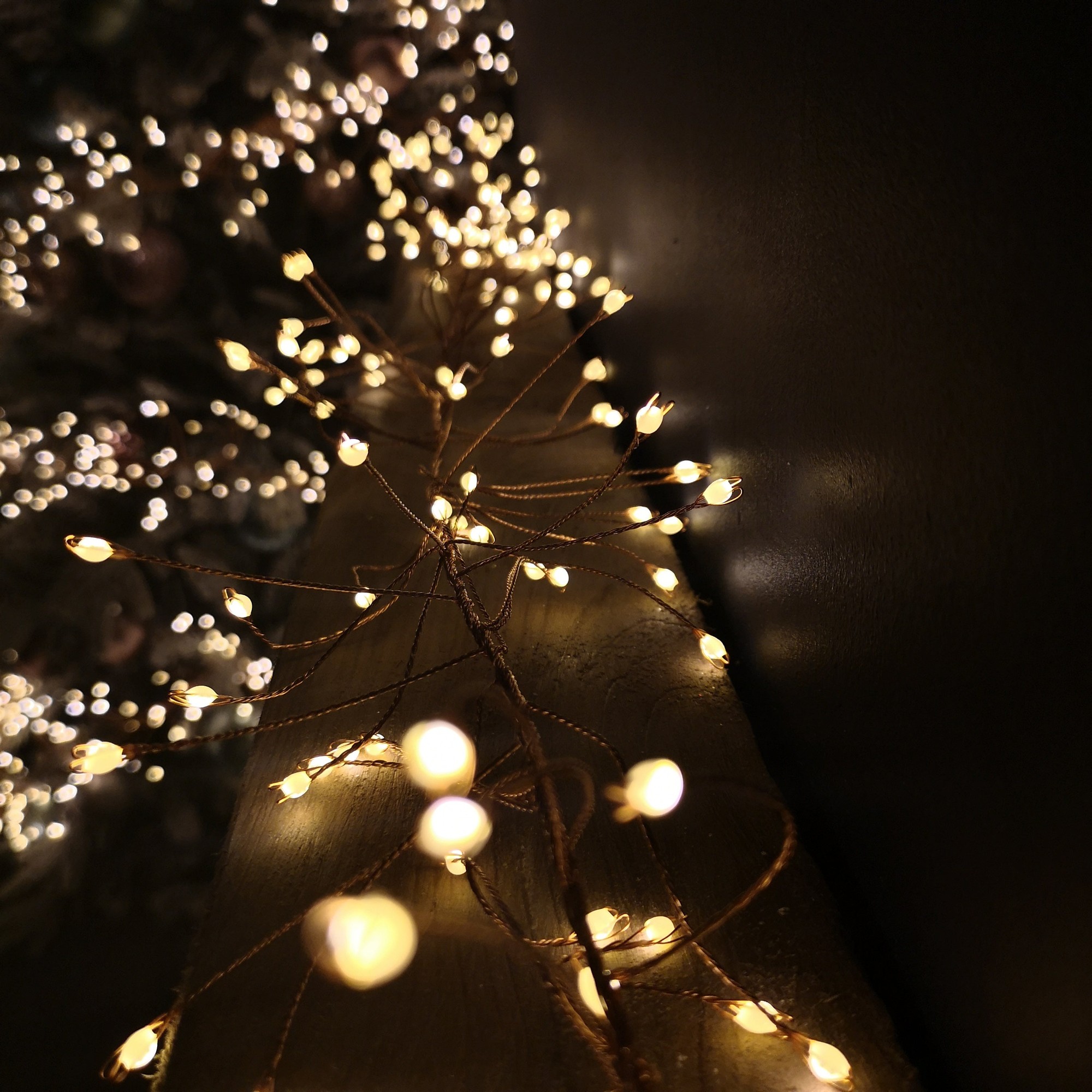 Warm white LED lights on a rose gold wire garland, featuring delicate bulb-like accents, ideal for Christmas decoration with a timer function.