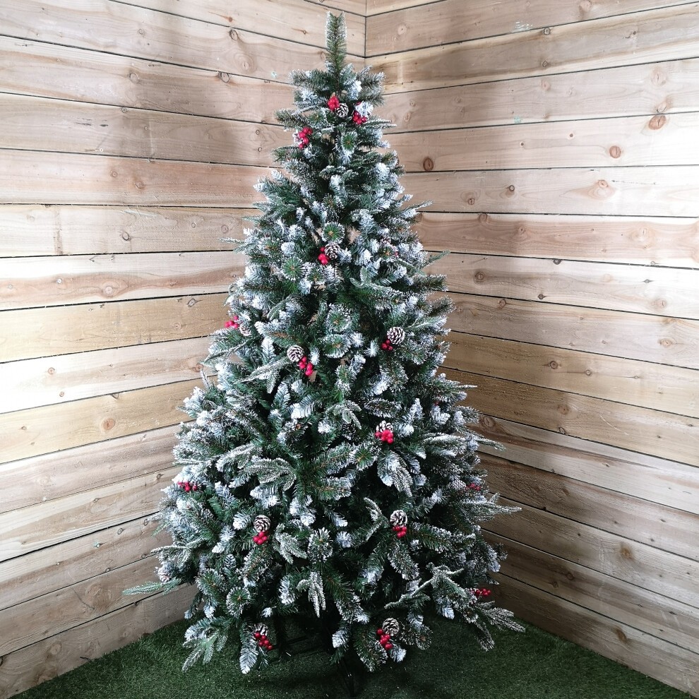 8ft New Jersey spruce Christmas tree with green PVC and PE bristles, adorned with festive red berries and pine cones, set against a wooden backdrop.