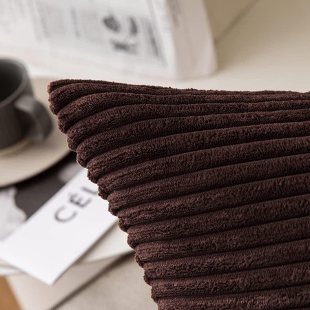 Premium dark brown corduroy cushion cover with textured ribbed design, measuring 45x45cm, showcasing a soft, plush material ideal for home decor.