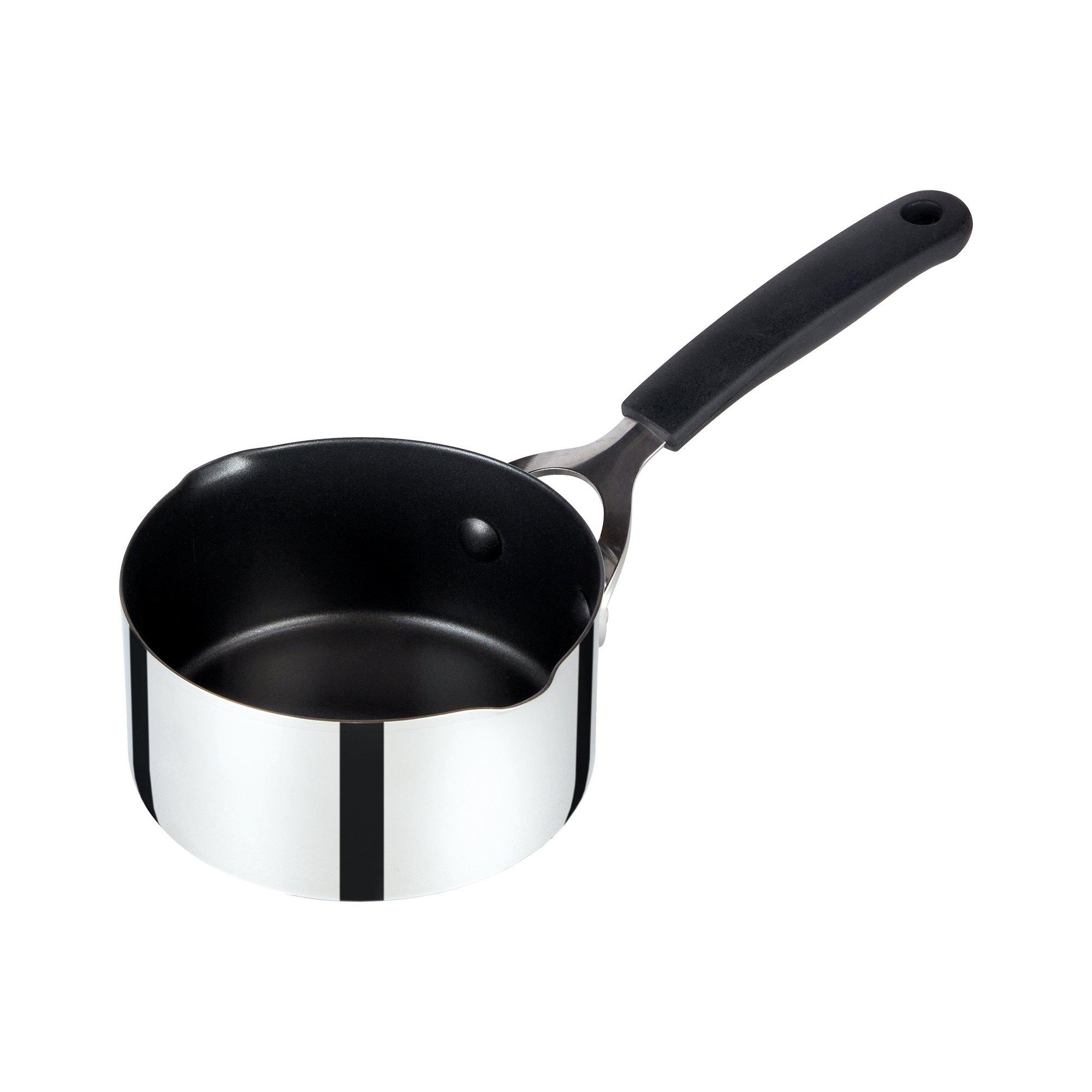 Durable silver induction-compatible milk pan with a non-stick interior, featuring a sleek design and a black ergonomic handle for easy gripping.