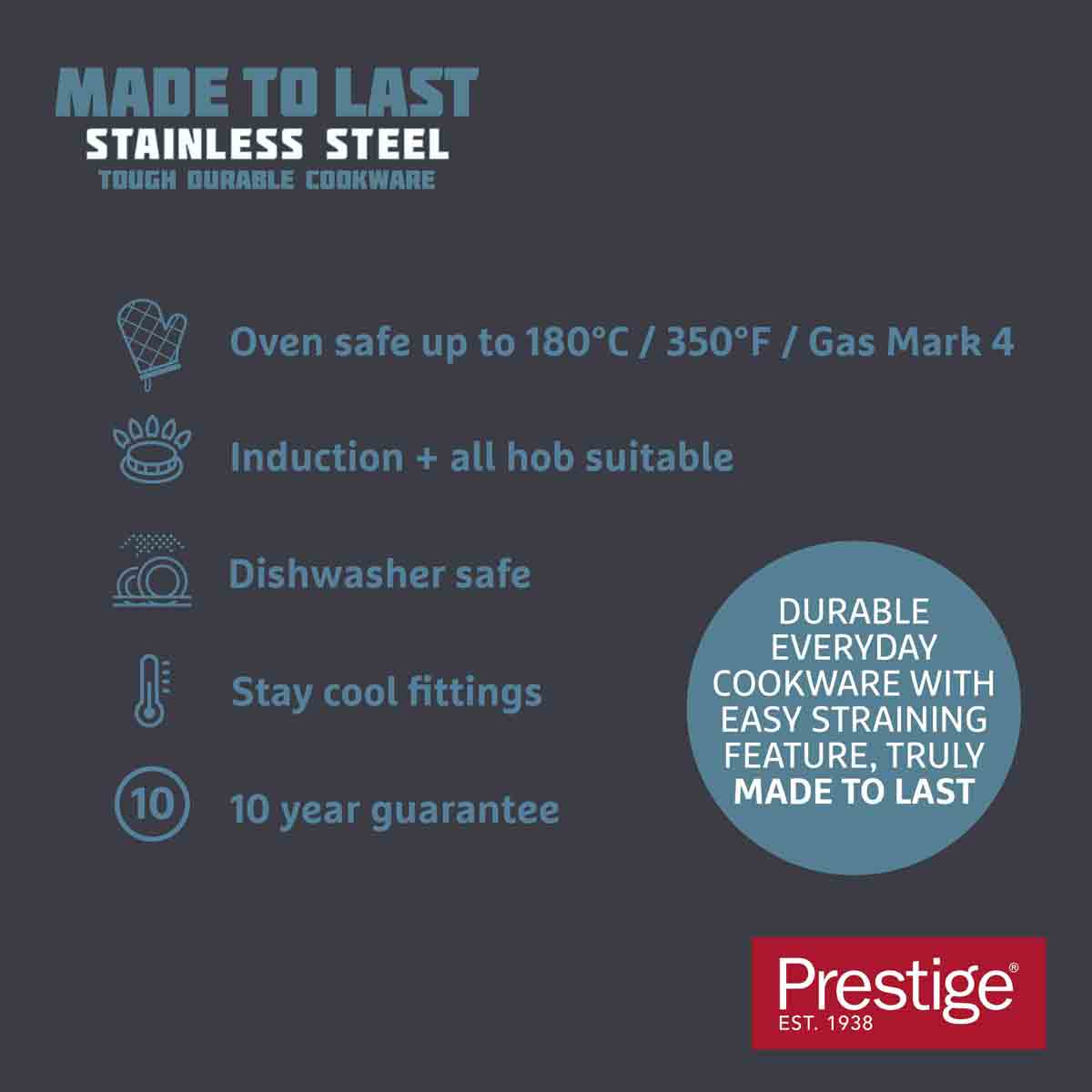 Silver stainless steel saucepan with a straining feature, induction compatible, oven safe up to 180°C, dishwasher safe, featuring stay-cool fittings and a 10-year guarantee.