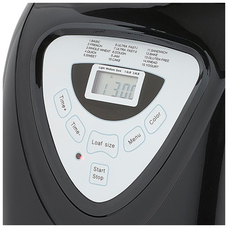 White Princess Bread Maker with a sleek design, featuring a digital control panel, buttons for time, loaf size, menu, and a display showing settings.