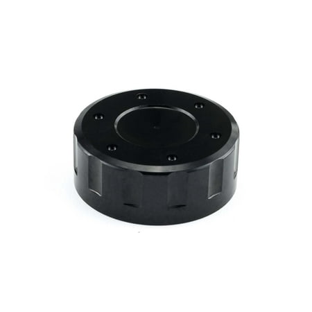 Black aluminium reservoir cap, 42mm in diameter, featuring a textured edge and multiple screw holes for secure attachment.
