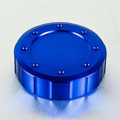 Blue aluminium reservoir cap measuring 61mm, featuring a smooth top with a raised edge and decorative rivets around the circumference for enhanced grip.