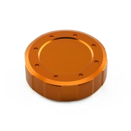 Aluminium reservoir cap in vibrant orange, measuring 61mm, featuring a smooth surface with six circular screw holes around the edge for secure attachment.