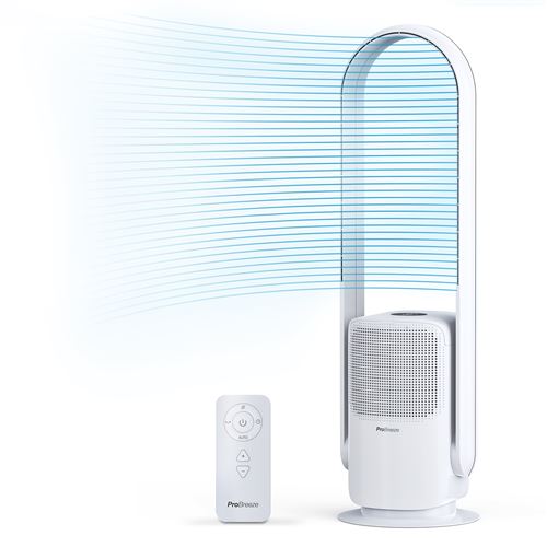 Bladeless white tower fan and air purifier with a sleek design, featuring a grid-like air output and a remote control for easy operation.